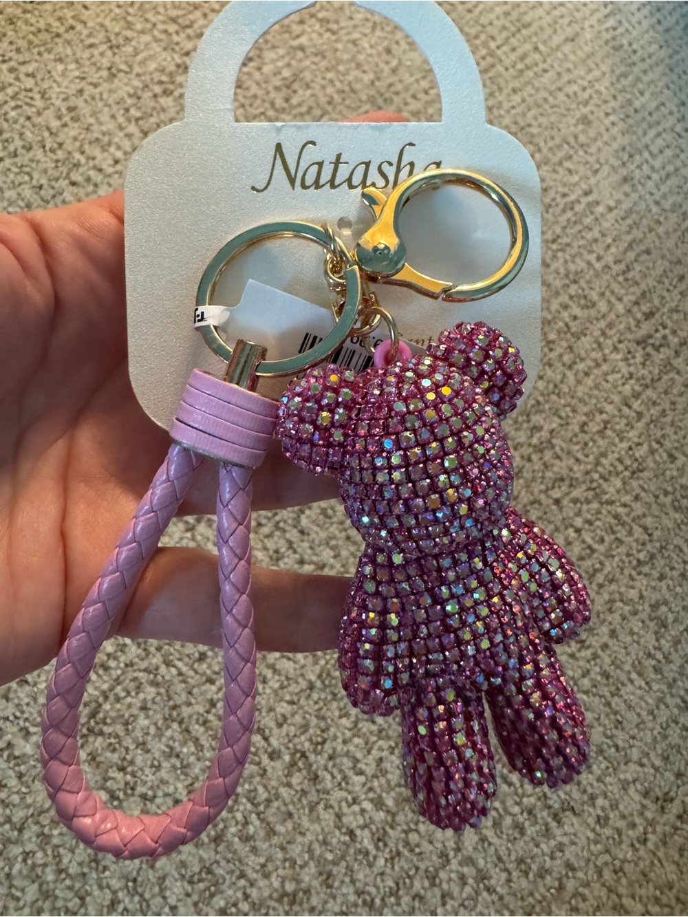NWT Natasha Couture Pink Crystal Teddy Keychain with Braided Loop Bag Charm